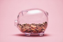 Transparent Piggy Bank With Money Coins 