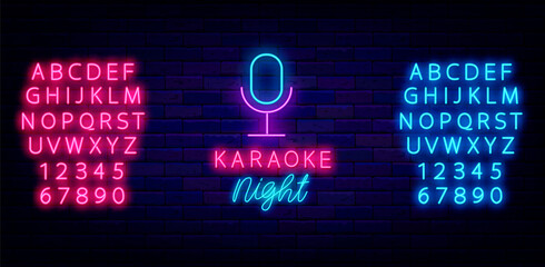 Wall Mural - Karaoke night neon sign. Shiny blue and pink alphabet. Microphone icon. Light promotion banner. Vector illustration