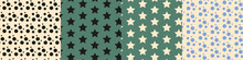 Stars And Polka Dots Seamless Pattern, Green And White Texture, Background, Wallpapers, Ornament For Textiles,  Wrapping Paper, Fabric, Packaging Design, Cover Design, Web, Prints. Vector Illustration