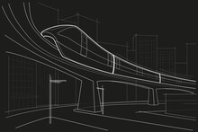 Linear Abstract Architectural Sketch City Street With Monorail On Black Background