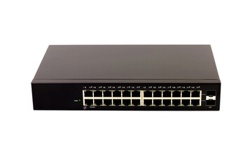 24-port gigabit switch black color isolated on white background. Components to create local area network for share data and device.