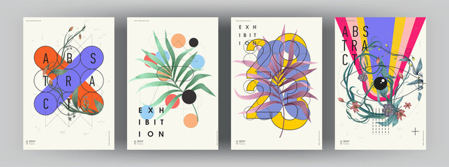 Canvas Print - abstract posters. botanical banner with geometric shapes, leaves, branch and plants. set of vector i