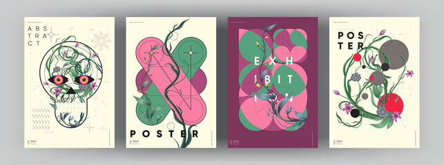Canvas Print - abstract posters. botanical banner with geometric shapes, leaves, branch and plants. set of vector i