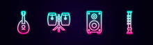 Set Line Mandolin, Conga Drums, Stereo Speaker And Flute. Glowing Neon Icon. Vector