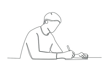 One continuous line drawing of student at class writing article on table. Back to school concept. Single line draw design vector graphic illustration.