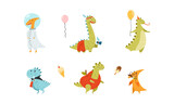 Fototapeta Dinusie - Sweet funny baby dinosaurs set. Cute prints for nursery, t-shirt, kids apparel, party design cartoon vector illustration