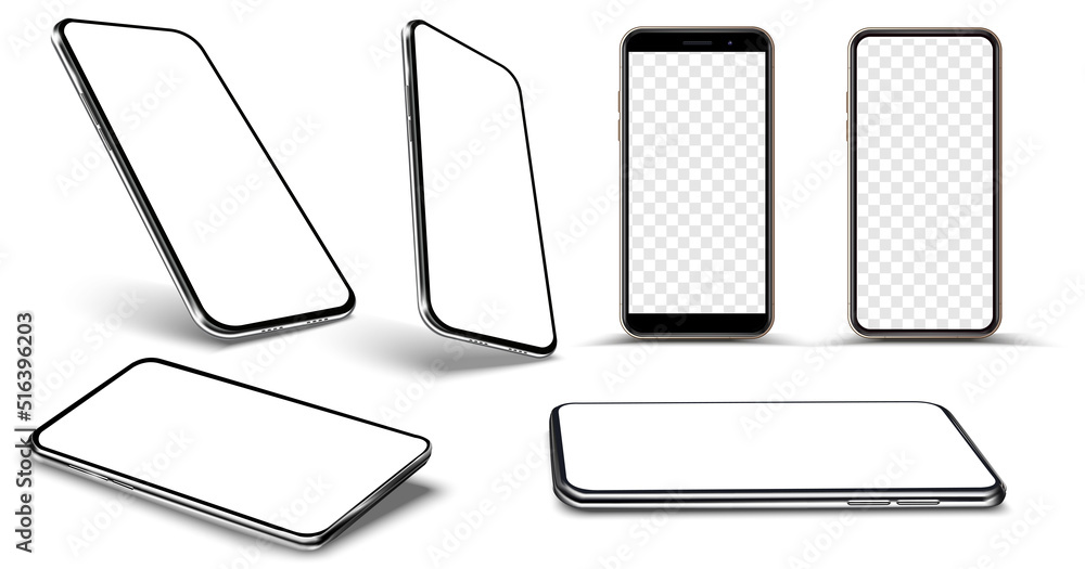 Layout of an empty application interface on phone screen. Modern mobile phone in various positions, front view, side view, top view and tilt view. Smartphone collection isolated on white background.