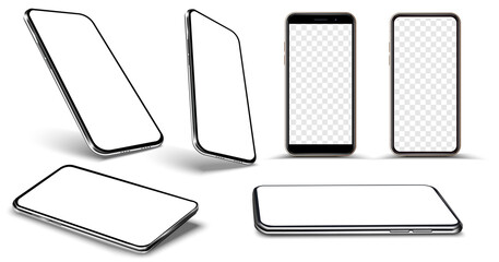 Fototapete - Layout of an empty application interface on phone screen. Modern mobile phone in various positions, front view, side view, top view and tilt view. Smartphone collection  isolated on white background.