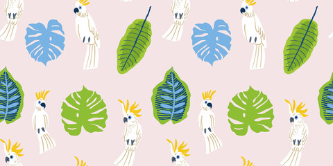 Wall Mural - Vector seamless tropical pattern with white parrots and tropical leaves on pink background. Hand drawn style holiday pattern. Pink paradise textile design