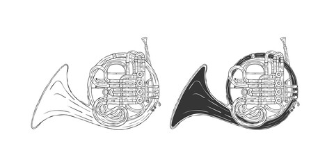 French horn. Hand-drawn French horn. Musical instruments in the drawing style. Vector illustration