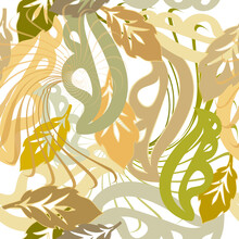 Autumn Leaves Seamless Pattern. Fantasy Abstract Floral Background. Leafy Repeat Backdrop. Spiral Lines, Shapes, Fractals. Autumn Colorful Ornaments With Leaves. Beautiful Isolated Design On White