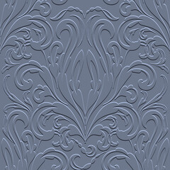 Wall Mural - Floral emboss Baroque 3d seamless pattern. Embossed blue background. Textured repeat backdrop. Surface Baroque Damask ornaments. Relief 3d vintage flowers, leaves. Grunge embossing endless texture