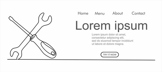 Single continuous line of screwdriver and wrench. Computer service technology support design element one sketch outline drawing vector illustration