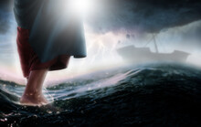 Jesus Walks On Water Across The Sea Towards A Boat During A Storm. Biblical Theme Concept.