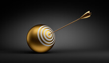 Arrow Hitting The Golden Target Ball On Dark Background - 3D Illustration