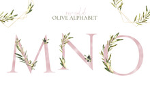 Watercolor Rose Gold Olive Floral Alphabet Letters M,N,O With Leaves. Greenery Elegant Botanical Set Decor For Baby Shower, Monogram Initials For Wedding Invite, Logo, Frame Art, Poster, New Baby Name