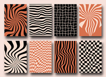 Vector Set Of Groovy Hippie 70s Backgrounds. Checkerboard, Chessboard, Mesh, Waves Patterns. Twisted And Distorted Vector Texture In Trendy Retro Psychedelic Style. Y2k Aesthetic.