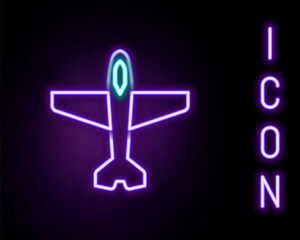 Sticker - Glowing neon line Plane icon isolated on black background. Flying airplane icon. Airliner sign. Colorful outline concept. Vector