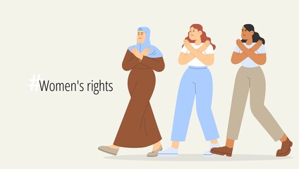  Human Rights - Women's rights. Flat vector illustration with group of women crossed their arms. Concept of international women's day.