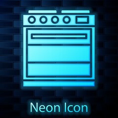 Poster - Glowing neon Oven icon isolated on brick wall background. Stove gas oven sign. Vector Illustration