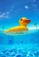 Inflatable Duck Swim In The Pool Water On Tropical Resort