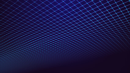 Wall Mural - Perspective blue grid on a dark background. Futuristic illustration of a network connection. Big data. Background in the style of the 80s. 3d rendering.