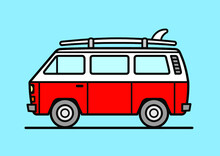 Vector Illustration Of A Vintage Surfer Camper Van With Surfbord On The Roof