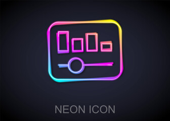 Sticker - Glowing neon line Music equalizer icon isolated on black background. Sound wave. Audio digital equalizer technology, console panel, pulse musical. Vector