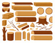 © GreenSkyStudio - Cartoon wooden logs, tree trunks, planks, wood industry materials. Wood lumber branch, stacked woodwork planks and firewood vector illustration set. Wooden products collection