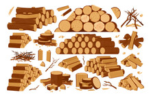 Cartoon Wooden Logs, Firewood Piles And Stacked Bonfire Firewoods. Wood Industry Materials, Lumber Branch And Twigs Vector Symbols Illustration Set. Wooden Bonfire Logs