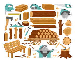 Wall Mural - Cartoon wood industry products, timber materials, woodwork planks. Stacked wooden trunks, sticks branches and woodworking tools vector illustration set. Wooden production bundle