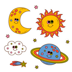 Wall Mural - set of isolated funny sun, moon, planet, cloud