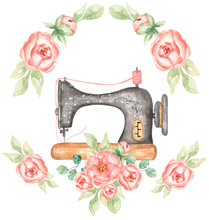 Watercolor Sewing Machine And Peony Flowers Bouquet Frame Clipart, Pink Garden Flower And  Sewing Equipment Illustration. Tailor Shop Logo, Card Making