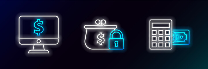 Wall Mural - Set line Calculator with dollar symbol, Computer monitor and Closed wallet lock icon. Glowing neon. Vector