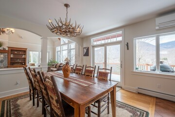 Sticker - Cozy living room interior with an abstract chandelier over a wooden table and chairs