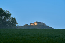 The Castle (Hohen Neuffen) In The Early Morning In Autumn. Defense Building From The Middle Ages On A Hill. Blue Sky.