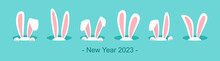 Christmas Rabbit Vector Icon, Xmas Bunny In Hole. Symbol New Year 2023 On Blue Background. Cute Animal Holiday Illustration
