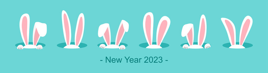 Christmas rabbit vector icon, xmas bunny in hole. Symbol New Year 2023 on blue background. Cute animal holiday illustration