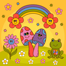 Cute Poster With Smiling Mushrooms, Frog, Rainbow, Flower