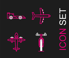 Sticker - Set line Bicycle, Old retro vintage plane, Plane and Formula race car icon. Vector