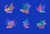 Fototapeta  - Set of compositions from corals, reefs and algae. Can be used to create logos, icons, patterns. Ocean life. Sea bottom. Seabed vector illustration. 