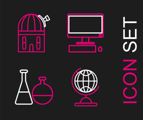 Poster - Set line Earth globe, Test tube and flask chemical laboratory, Computer monitor with keyboard mouse and Astronomical observatory icon. Vector