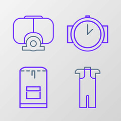 Poster - Set line Wetsuit for scuba diving, Backpack, Diving watch and mask icon. Vector