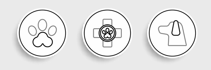 Wall Mural - Set line Dog, Paw print and Veterinary clinic symbol icon. Vector