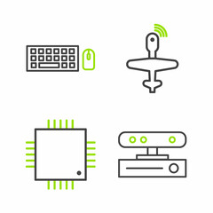 Sticker - Set line Motion sensor, Processor with microcircuits CPU, UAV Drone and Keyboard and mouse icon. Vector