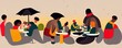 Diverse multi-ethnic people outdoor dining alfresco style eating from food trucks or having a rooftop picnics in the summertime evening