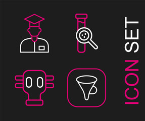 Poster - Set line Funnel or filter, Gas mask, Test tube and flask and Laboratory assistant icon. Vector