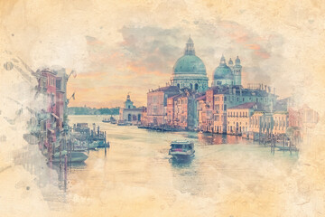 Canvas Print - Grand Canal in Venice city - Watercolor effect illustration