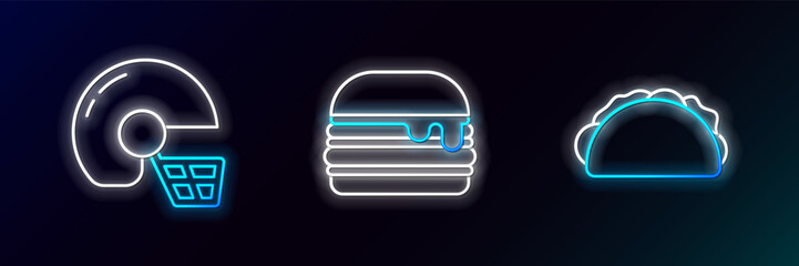 Wall Mural - Set line Taco with tortilla, American football helmet and Burger icon. Glowing neon. Vector