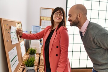 Sticker - Two hispanic business workers smiling happy writing on corkboard reminder at the office.